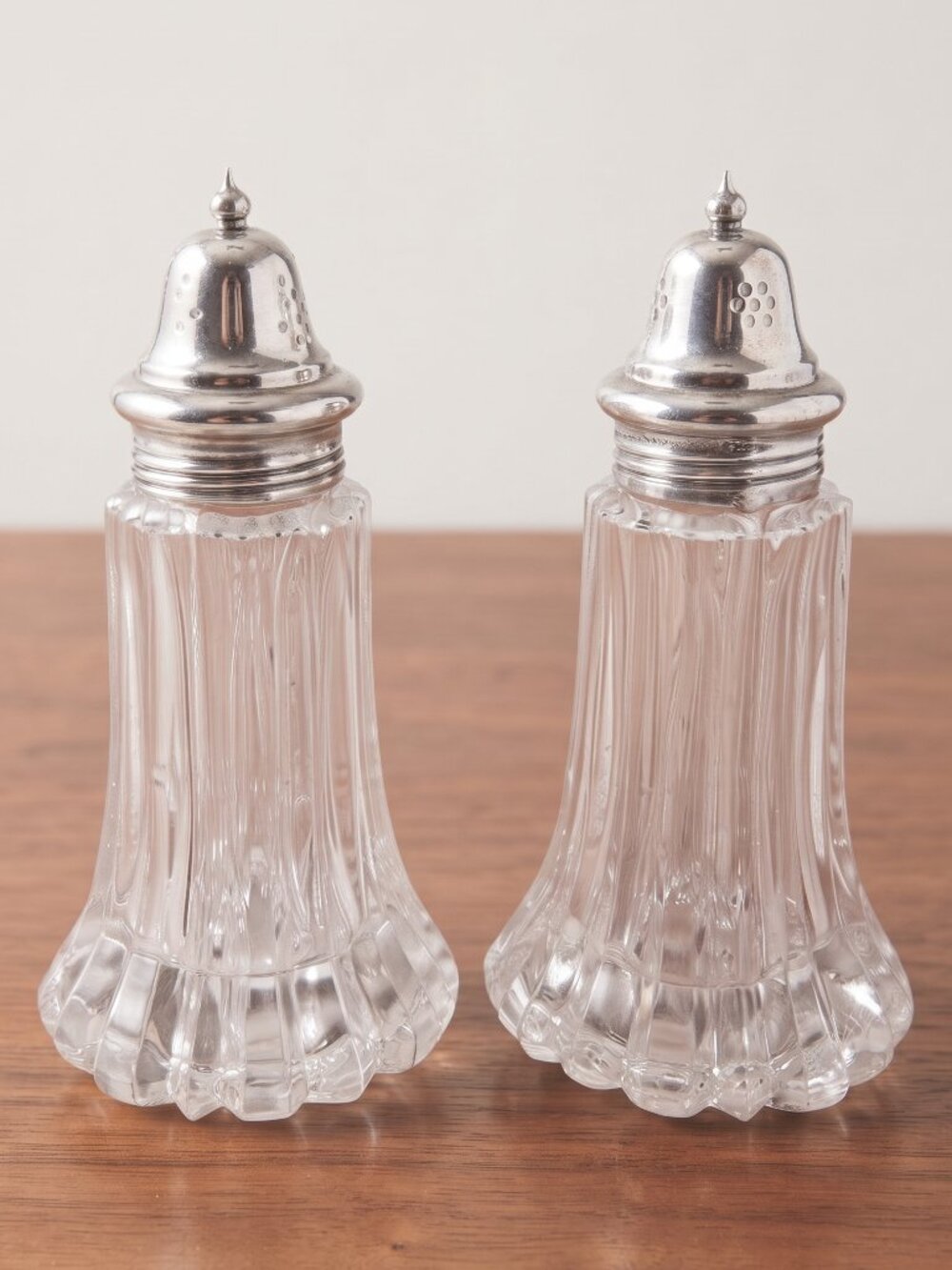 Vintage Ribbed Crystal Glass Salt & Pepper Shakers Silver Plate Tops England